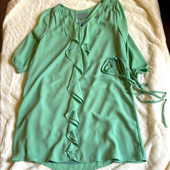 Skies Are Blue Tops - Skies Are Blue Mint Green Ruffled Tie Front 3/4 Sleeve Dress